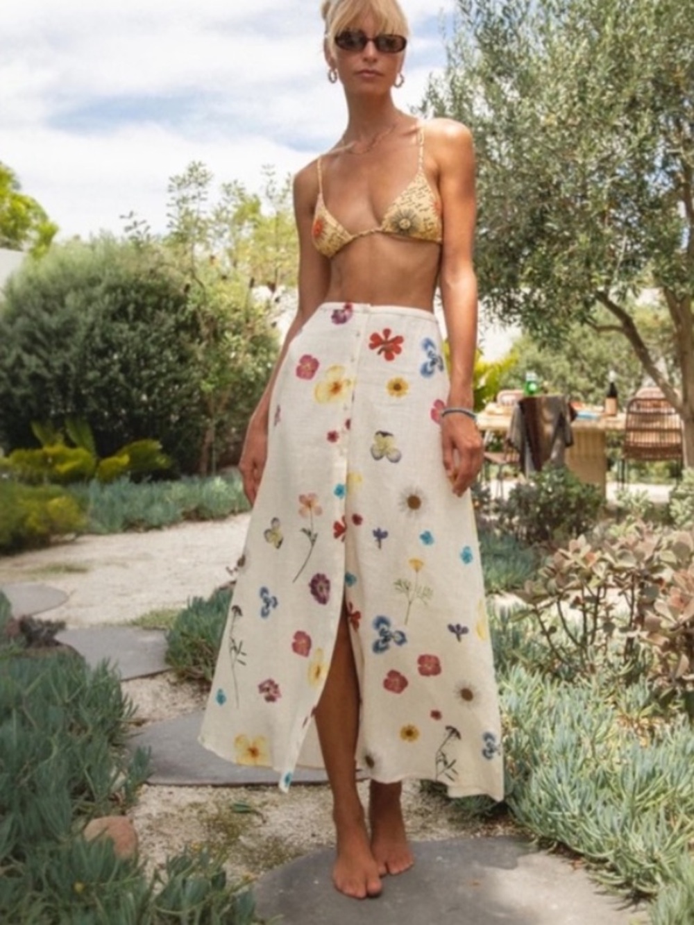VRG GIRL Love Language Midi Skirt Floral Cotton Linen Button Front US Size 10